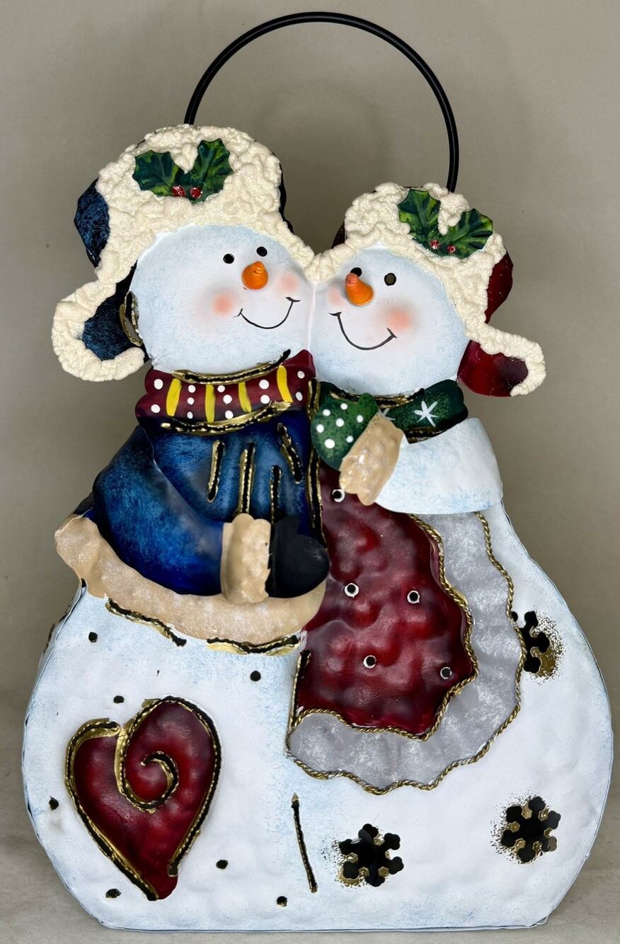VTG Home Interiors Metal Snowmen Votive Candle Holder Lantern Luminary w/Box